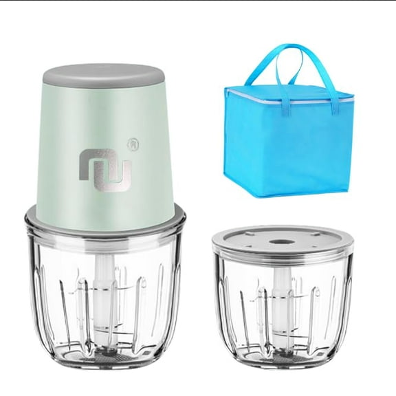 Portable Cordless Electric Baby Food Processor/Food Chopper 2 Glass Cups 10oz/20oz (300ml/600ml) included Vegetable Fruit Meat, Puree, Baby Food Glass Container with Scraper for Dicing, Mincing