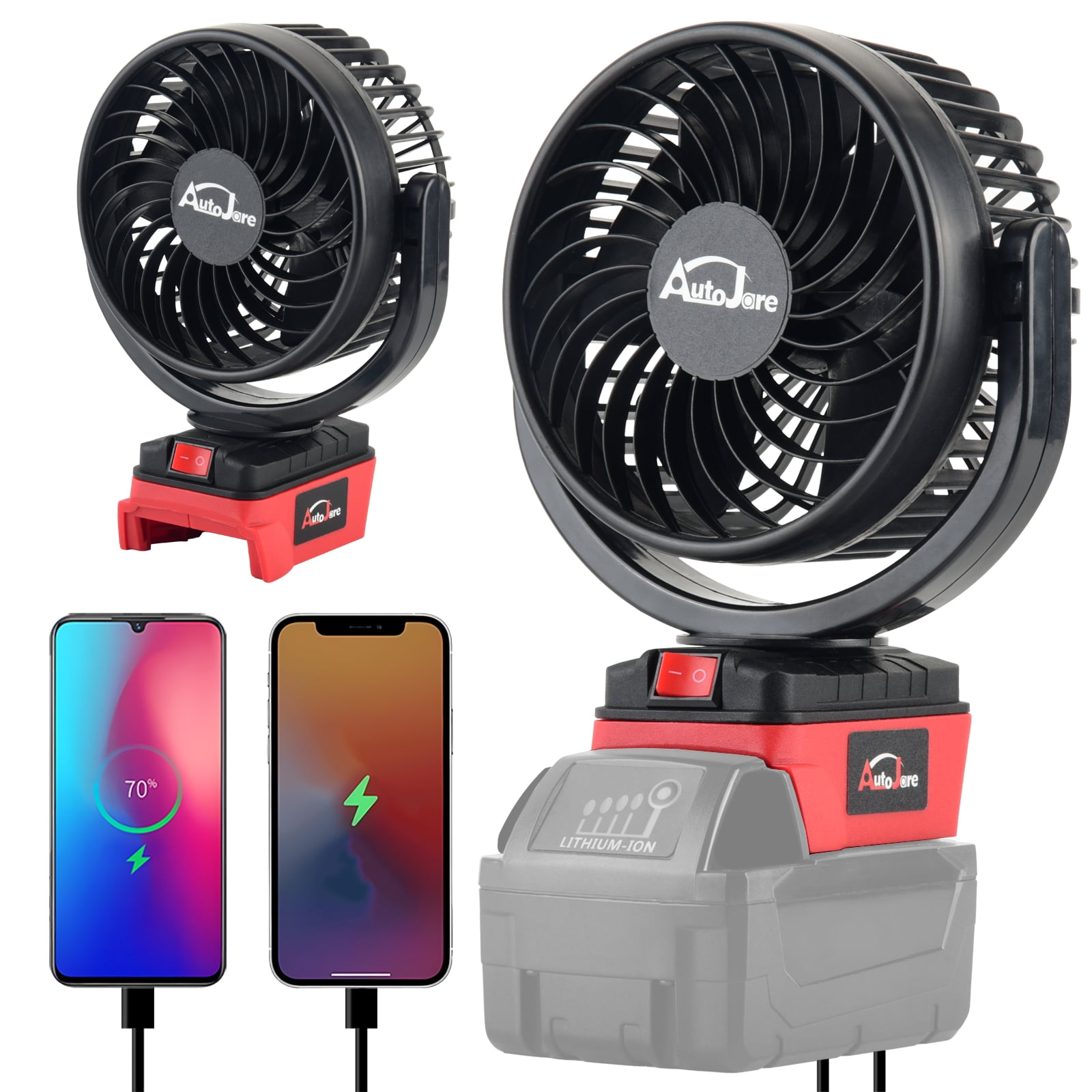 Portable Cordless Fan Fit for Milwaukee Battery, Battery Powered 360° Roating Fan Brushless Motor with 2 USB Charging Interface For Household, Office, Camping (No Battery)