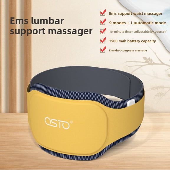 Portable Cordless Lumbar Pulse Massager with Heat, Handheld EMS Back Recovery Stretcher for Travel and Home, Adjustable Multi-Program Wellness Belt, 1500mAh, Yellow