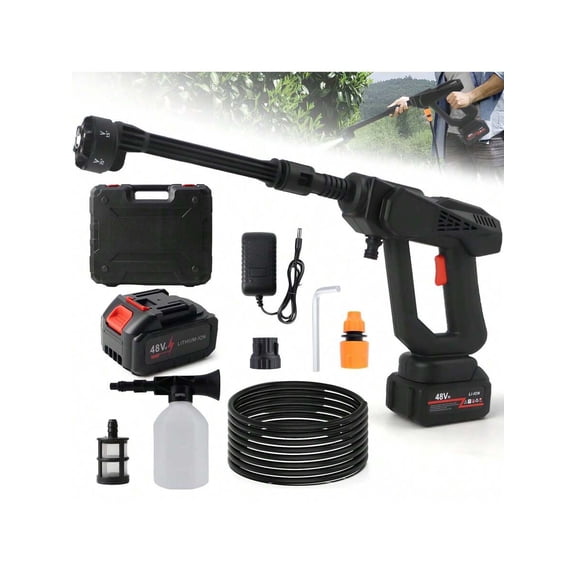 Portable Cordless Pressure Washer, Bar Handheld High-Pressure Water Spray Wash Battery Powered Pressure Washer 48V With 6-In-1 Nozzle For Garden Car Floor Yard Fence Wall Cleaning