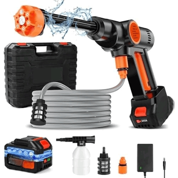 Portable Cordless Pressure Washer, Electric Pressure Washer Battery Powered, Handheld Car Washer with 6-in-1 Nozzle,17FT Drain Hose, Power Cleaner for Patio Floor Fence Deck Indoor$$Garden & Patio
