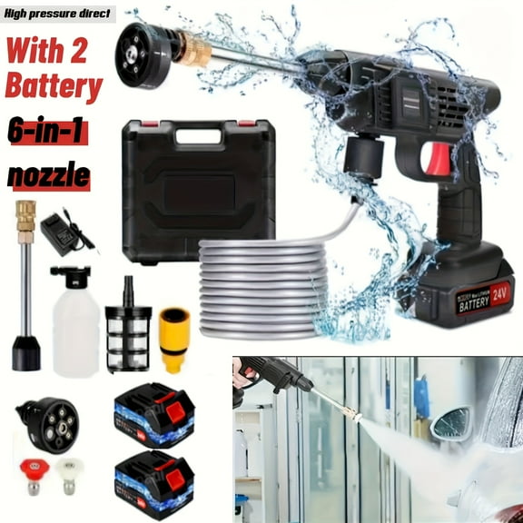 Portable Cordless Pressure Washer, High-Pressure Cleaner with 2 Rechargeable 1.5AH Batteries and 6-in-1 Nozzle for Car Floor Wall Fence Cleaning Garden Watering