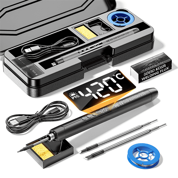 Portable Cordless Soldering Iron Kit, USB Rechargeable with Digital Temperature Display, Fast Heating Welding Tool Set, 1000mAh Battery, 3 Replaceable Tips, Stand, Rosin and Carrying Case
