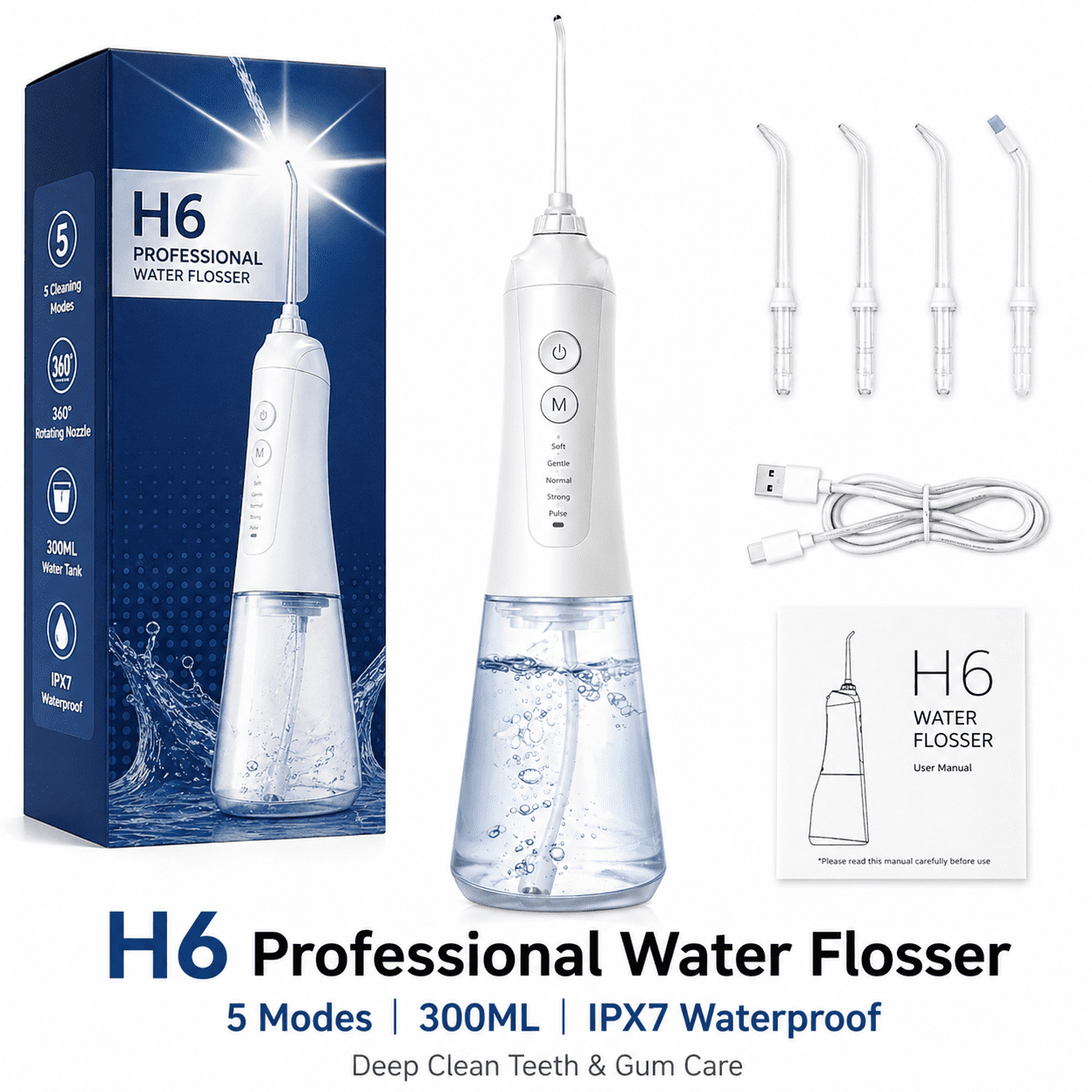 Portable Cordless Water Flosser, 5 Modes, 300ml Water Tank, 35-Day Battery Life, IPX7 Waterproof, Oral Irrigator for Braces and Sensitive Gums