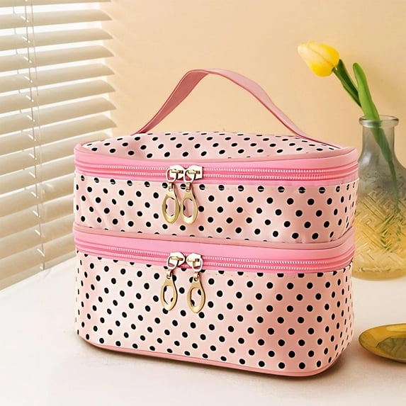 Portable Cosmetic Bag Organizer | Double Layer Travel Makeup Train Case | Hard Shell Zipper Toiletry Storage for Brushes & Beauty Tools | Compact Make Up Kit Carrier for Women Girls | 1 Piece