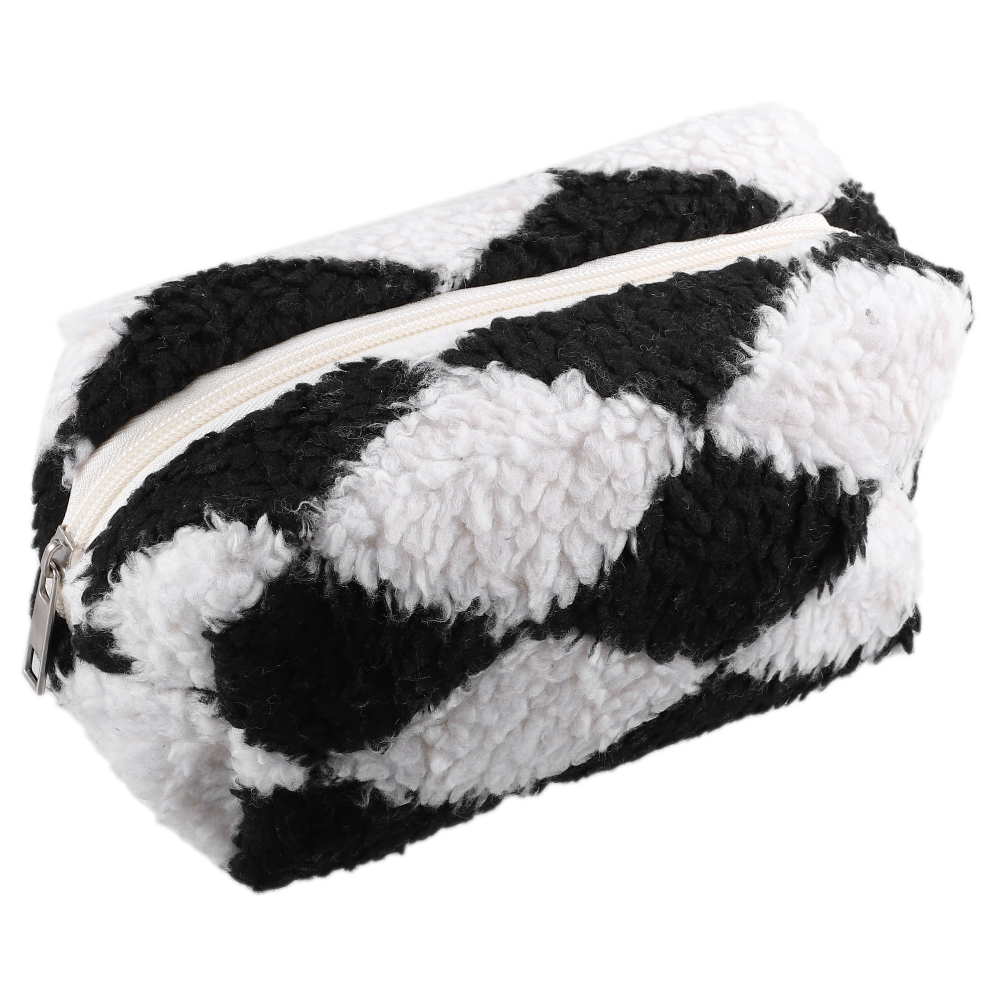 Portable Cosmetic Bag Travel Makeup Bag Storage Bag Plaid Pattern Terry  Cloth Black White