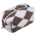 thumbnail image 1 of Portable Cosmetic Bag Travel Makeup Bag Storage Bag Plaid Pattern Terry Cloth Brown White, 1 of 6