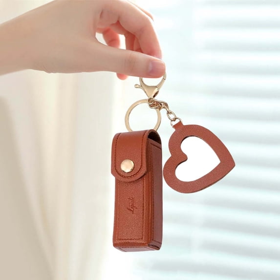 Portable Cosmetic Lip Gloss Keychain Holder Mini PU Leather Storage for Travel Stylish Heart Pendant Accessory for Women