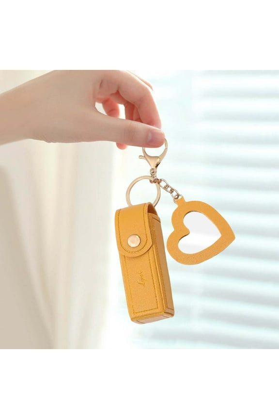 Portable Cosmetic - Lip Gloss Keychain Holder with Mini PU Leather Lipstick for Travel Stylish Storage with Heart Pendant for Modern Women