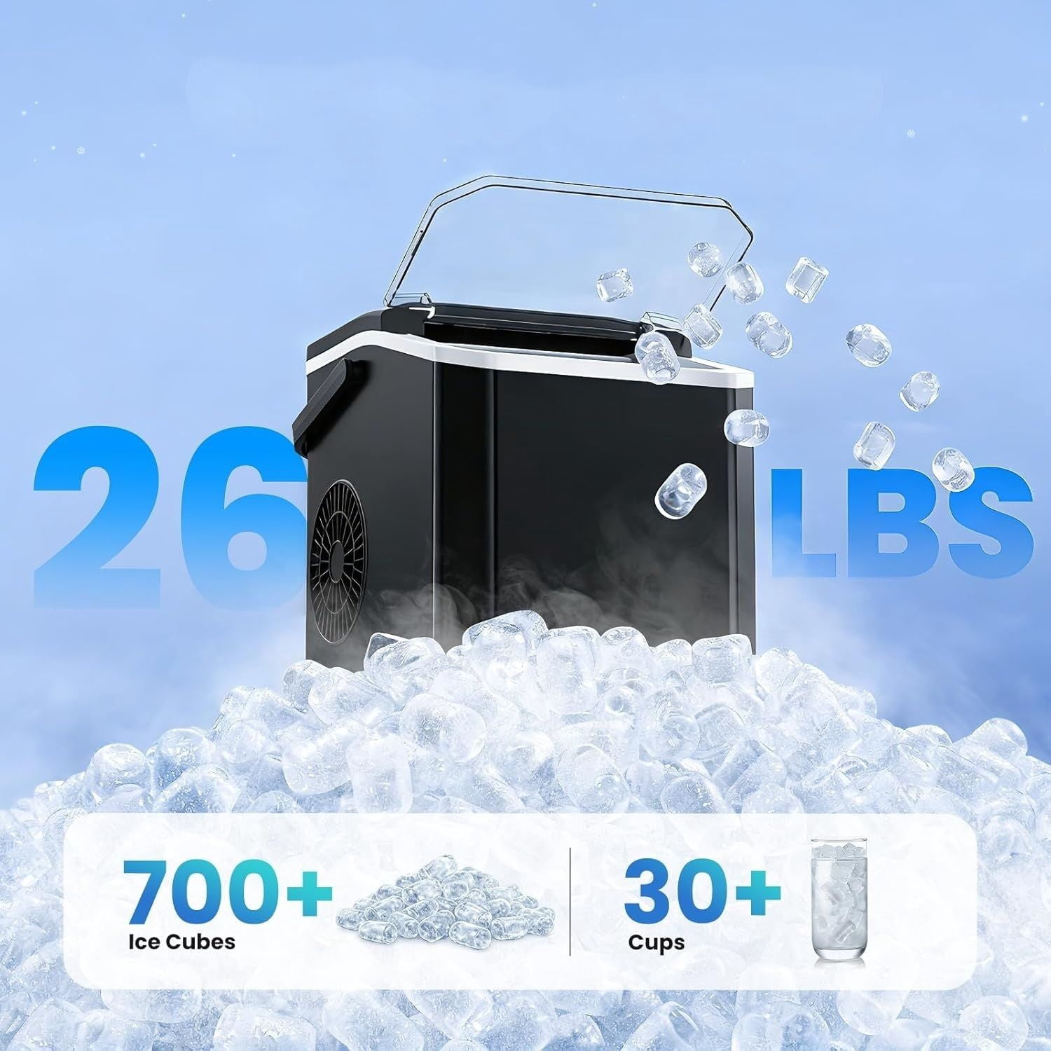 Portable Countertop Ice Maker, 26.5Lbs/24H Bullet Ice Machine, 6 Mins Fast Ice Making, 2 Ice Sizes, Detachable Basket, Compact Ice Maker for Home, Kitchen, Office, RV