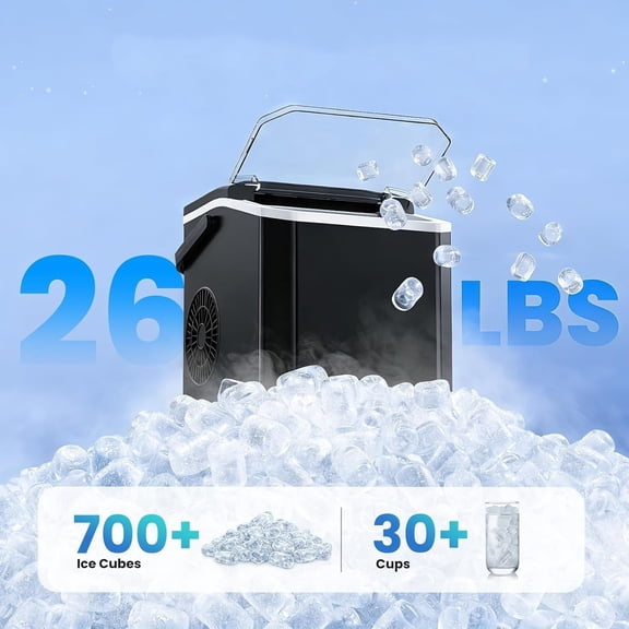 Portable Countertop Ice Maker, 26.5Lbs/24H Bullet Ice Machine, 6 Mins Fast Ice Making, 2 Ice Sizes, Detachable Basket, Compact Ice Maker for Home, Kitchen, Office, RV