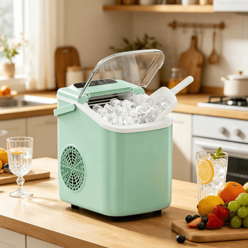 Portable Countertop Ice Maker with Handle, Self-Cleaning Bullet Ice Maker, 9 Ice Cubes Ready in 6 Minutes, 26lbs/24H, Eco-Friendly with Ice Scoop & Basket for Home, Office, Bar, Party, RV (Green)