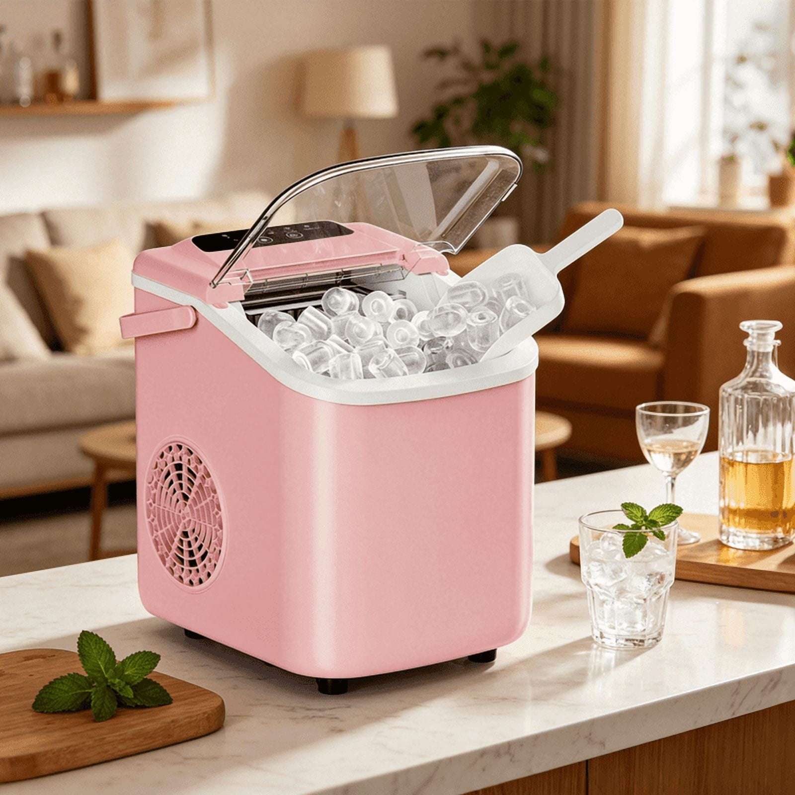 Portable Countertop Ice Maker with Handle, Self-Cleaning Bullet Ice Maker, 9 Ice Cubes Ready in 6 Minutes, 26lbs/24H, Eco-Friendly with Ice Scoop & Basket for Home, Office, Bar, Party, RV (Pink)