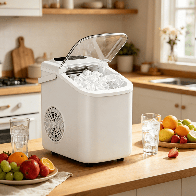 Portable Countertop Ice Maker with Handle, Self-Cleaning Bullet Ice Maker, 9 Ice Cubes Ready in 6 Minutes, 26lbs/24H, Eco-Friendly with Ice Scoop & Basket for Home, Office, Bar, Party, RV (White)