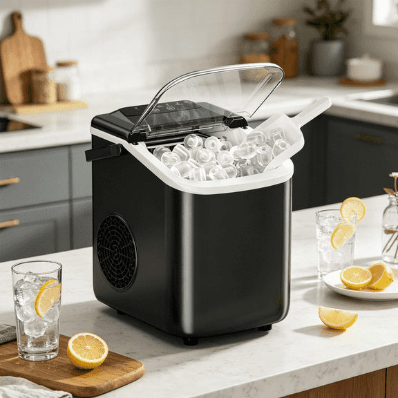 Portable Countertop Ice Maker with Handle, Self-Cleaning Bullet Ice Maker, 9 Ice Cubes Ready in 6 Minutes, 26lbs/24H, Eco-Friendly with Ice Scoop & Basket for Home, Office, Bar, Party, RV (Black)