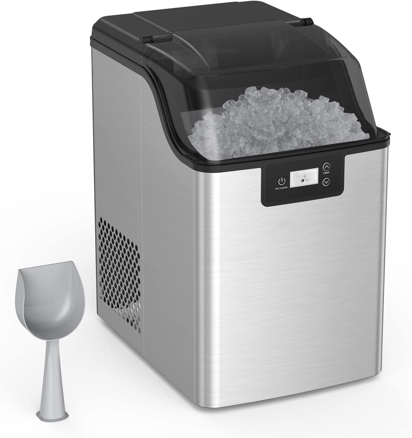 Portable Countertop Ice Maker with Soft Chewable Ice. Produces 10,000pcs/44Lbs/Day. Equipped with Ice Scoop, Self-Cleaning, and Timer Function. Includes Ice Basket. Ideal for Kitchen Office use