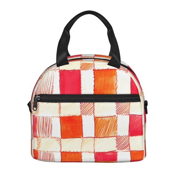 Portable Cross-Body Insulated Lunch Bag 957.8in Waterproof And Wear-Resistant Can Be Reused For Picnic Work Out Use Orangered Houndstooth Checkered Hand-Drawn Sketch_4