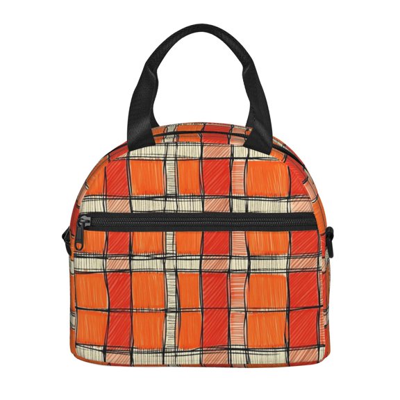 Portable Cross-Body Insulated Lunch Bag 957.8in Waterproof And Wear-Resistant Can Be Reused For Picnic Work Out Use Orangered Houndstooth Checkered Hand-Drawn Sketch_3