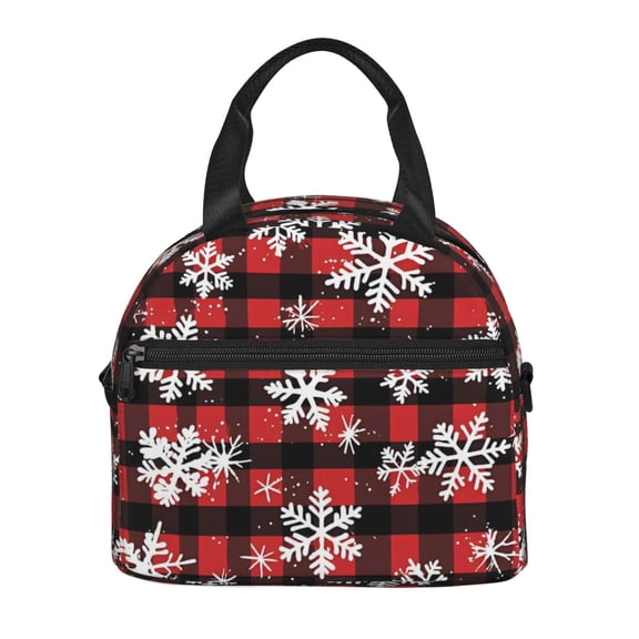 Portable Cross-Body Insulated Lunch Bag 957.8in Waterproof And Wear-Resistant Can Be Reused For Picnic Work Out Use Snowflakes On The Red And Black Checkered Pattern