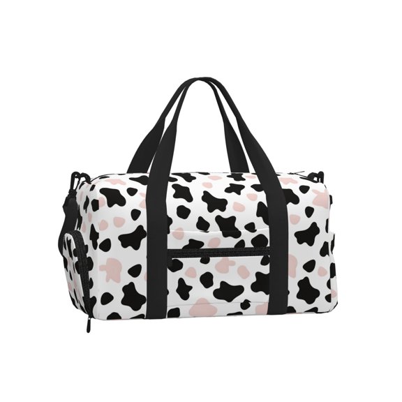 Portable Cross-Body Sports Luggage 17.79.8in With Shoes Warehouse Light And Strong Waterproof Tear Resistant Simple Cow Print Pattern White Background, Pink And White_3