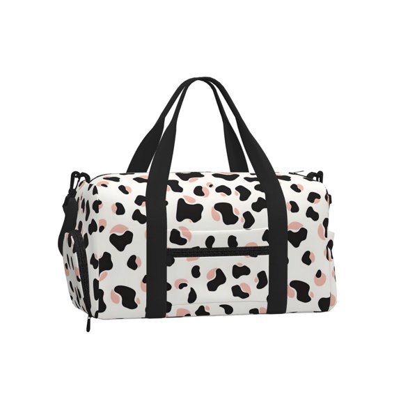 Portable Cross-Body Sports Luggage 17.79.8in With Shoes Warehouse Light And Strong Waterproof Tear Resistant Simple Cow Print Pattern White Background, Pink And White_2