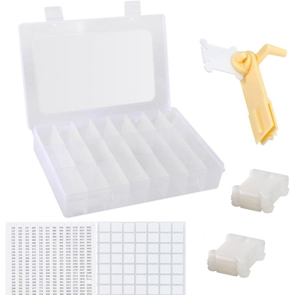 Portable Cross Stitch Embroidery Floss Organizer, 24 Compartment Storage Box with Bobbin Winder, 40 Plastic Floss Bobbins & Stickers for Craft & Sewing Storage