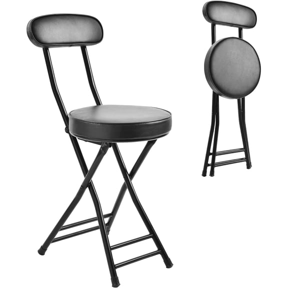 Portable Cushioned Folding Bar Stool, Black, 18.7-Inch Seat Height, Round Steel Frame with Artificial Leather Seat