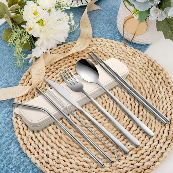 Portable Cutlery Set 7-Piece Stainless Steel Spoon Fork Knife Chopsticks Straw with Case Non-Slip Grip & Easy Clean for Camping Hiking Travel Picnics Office Lunch On The Go