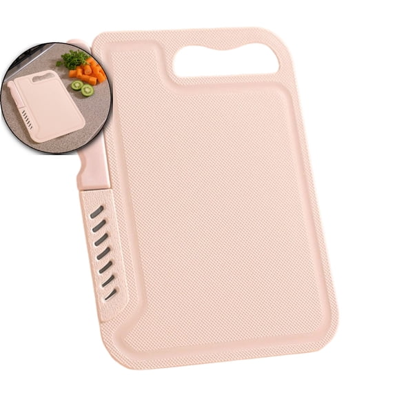 Portable Cutting Board Set with Fruit Knife and Peeler – Food-Grade Plastic, Stainless Steel Blades, 8.26x6.29 Inch, Pink
