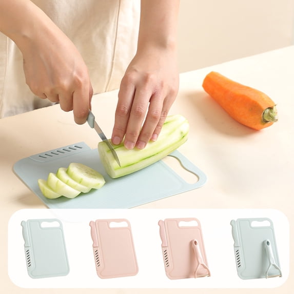 Portable Cutting Board Set with Stainless Steel Fruit Knife and Peeler, Food-Grade Plastic, Blue and Pink, 21x16cm, Dishwasher for Home and Picnic