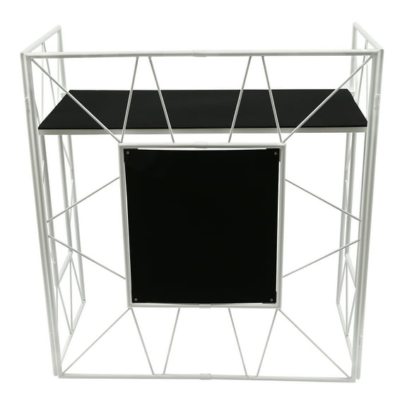 Portable DJ Booth Stand with Black Table, Foldable Frame, 44 lbs Load Capacity, White & Black Scrims for Equipment Display and Protection