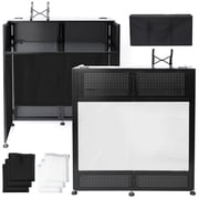 Portable DJ Booth Table, 41L x 20W DJ Table Stand Portable Booth Double Deck, Adjustable DJ Facade Station with White & Black Scrim, Foldable Metal Frame DJ Booth Panel