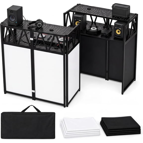 Portable DJ Booth Table 42 x 21 x 46 in, Foldable DJ Table Stand, Heavy Duty DJ Stand Booth with Black and White Cloth Panels, Carry Bag, Wide Setup Space for Events, Parties, Stages