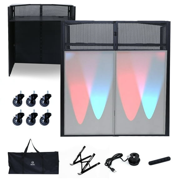 Portable DJ Booth Table with DJ Facade, 40x20 Inch Folding DJ Table with Lighting Scrims and Carry Case for Events, Performances, and Parties