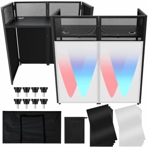 Portable DJ Facade Booth, 52"L x 26"W DJ Facade Table with Black and White Lighting Scrims, Foldable DJ Table Station Black Metal Frame DJ Table with Adjustable Feet$$Music