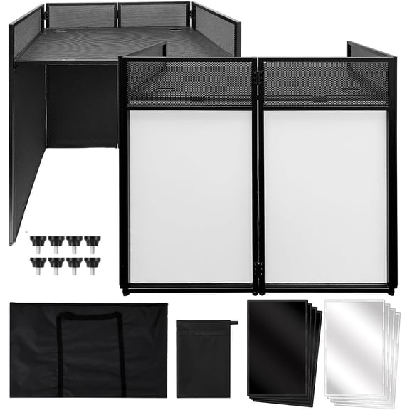 Portable DJ Facade Booth, Foldable DJ Table Station With White & Black Lighting Scrim,42 in L x46 in H x 25 in W DJ Stand Booth,With Adjustable DJ Event Facade Feet for Party, Black Metal Frame