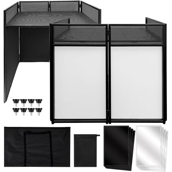 Portable DJ Facade Booth with Black & White Scrims, Foldable Metal Frame DJ Table, Standing DJ Table with Adjustable Feet for Party, Black