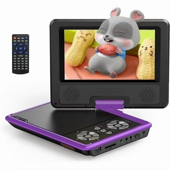 Portable DVD Player with 7.5" HD Swivel Screen for Car and Kids, with Car Charger and AC Adaptor, 1080p, Purple
