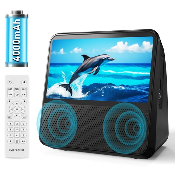 Portable DVD Player with 4000mAh Rechargeable Battery, 7-Inch 1024*600 HD Screen, Supports Disc, Bluetooth, USB, AV, Car CD DVD Players for Kids