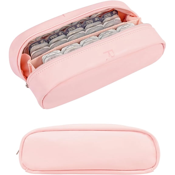 Portable Daily Contact Lens Organizer Case, Disposable Contact Lens Dispenser, Travel Contact Lens Storage Case with Labeled R & L, Double Zipper, Storage up to 60 Lenses (Pink)