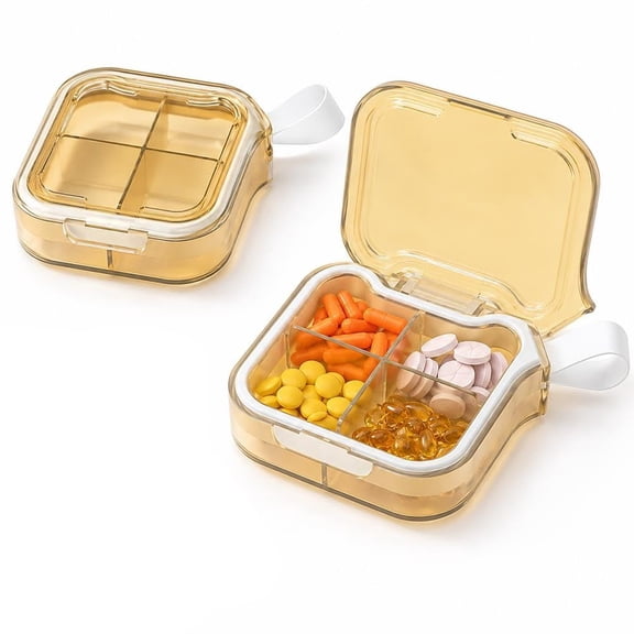 Portable Daily Multi-Compartment Pill Organizer Design 4/7, Sealing Ring Soft Carry Loop Keep Tablets Organized ,Supplements Daily Medications, Purse Backpack Office