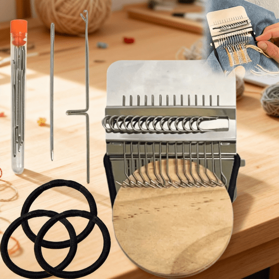 Portable Darning Loom Kit, Patchmaker Loom for DIY Mending, Mini Weaving Tool Set for Quick Fabric Repairs, Ideal for Beginners(28 Hooks)