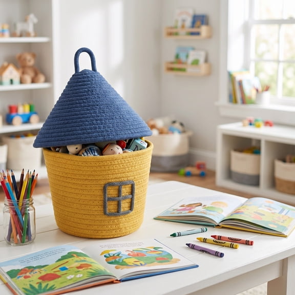 Portable Decorative Woven Storage Container, Cute House Shaped Cotton Rope Basket with Lid, Desktop Organizer for Cosmetic Sets, Trinkets and Bedroom Counter Tidying