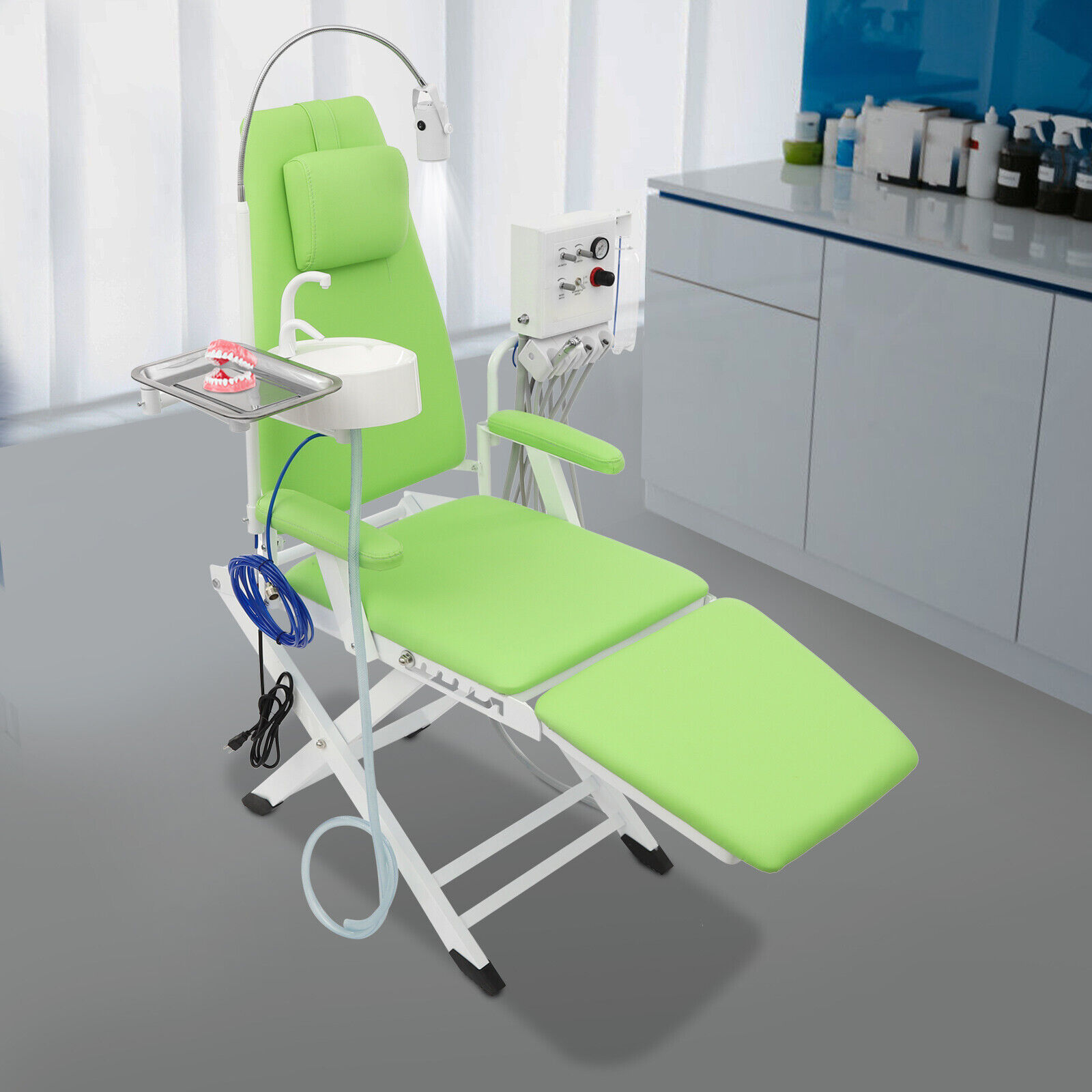 Portable Dental Chair with Tray+Spittoon+Hanging Turbine+LED Light Foldable 66.93*24.41in