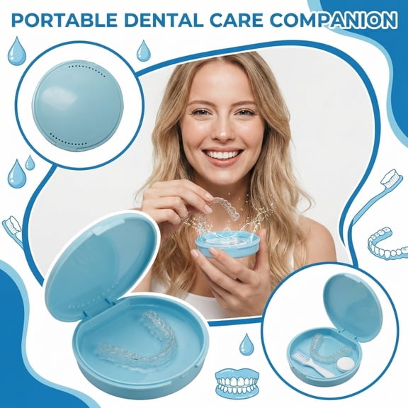 Portable Denture Cleaning Box, Braces and Retainer Cleaner Case, Travel Teeth Storage Container with Soaking Tray for Aligners Mouthguards, Ultrasonic Compatible