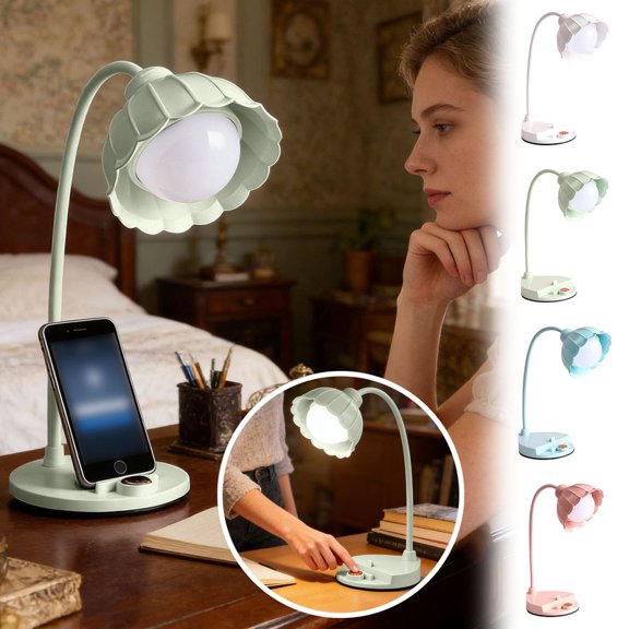 Portable Desk Lamp, Cute Non Glare Dimmable Rechargeable Table Lamp, Flower Theme Indoor Lighting for Living Room Dorm Apartment Studying Reading Family Students Teens Adults