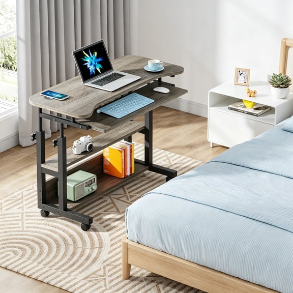 Portable Desk with Power Outlets, Height Adjustable Side Table Sofa Couch Bedside Laptop Computer Cart with USB Charging Ports, Mobile Small Standing Desk with Keyboard Tray