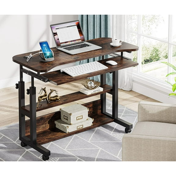Portable Desk with Power Outlets, Height Adjustable Side Table Sofa Couch Bedside Laptop Computer Cart with USB Charging Ports, Mobile Small Standing Desk with Keyboard Tray