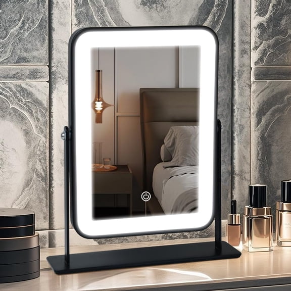 Portable Desk Vanity Mirror With Lights Black Rechargeable Small Makeup Mini Dorm Touch Screen 3-color Lighting Dimmable For Tabletop Bedroom Bathroom