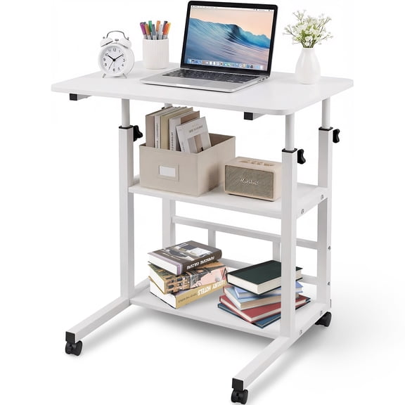 Portable Desk with Wheels Small Standing Desk on Wheels Adjustable Height Rolling Desk for Small Spaces 32 Inch Computer Desk with Storage Shelves for Home Office Study White